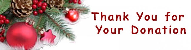 Thank you for your donations written on a white background surrounded by pine tree leaves, pine cones and red Christmas bulbs.